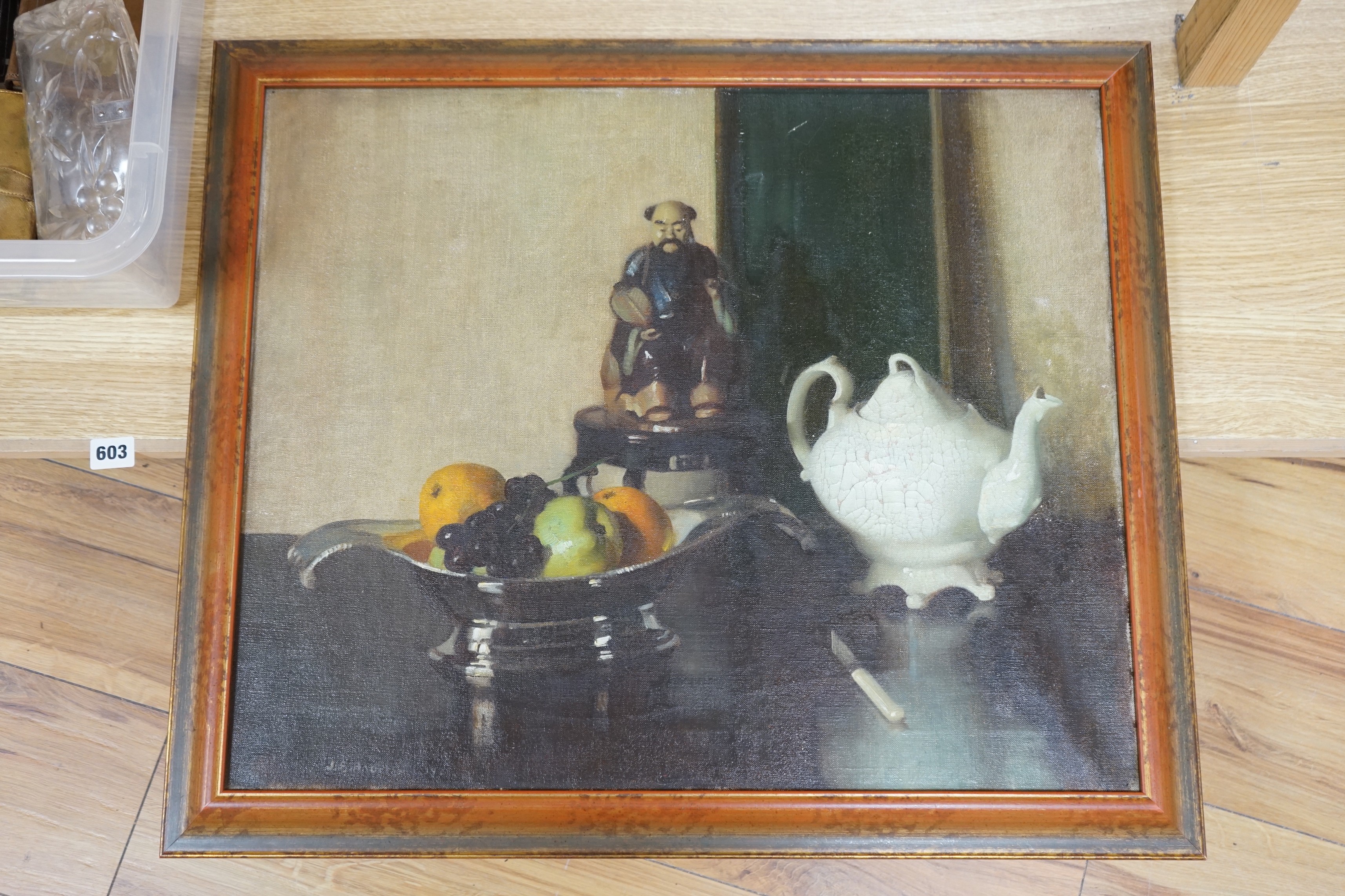 James Bell Anderson RSA, (Scottish 1886-1938), oil on canvas, Still life of fruit, a Chinese figure and a Victorian teapot, signed and dated '19, 50 x 60cm